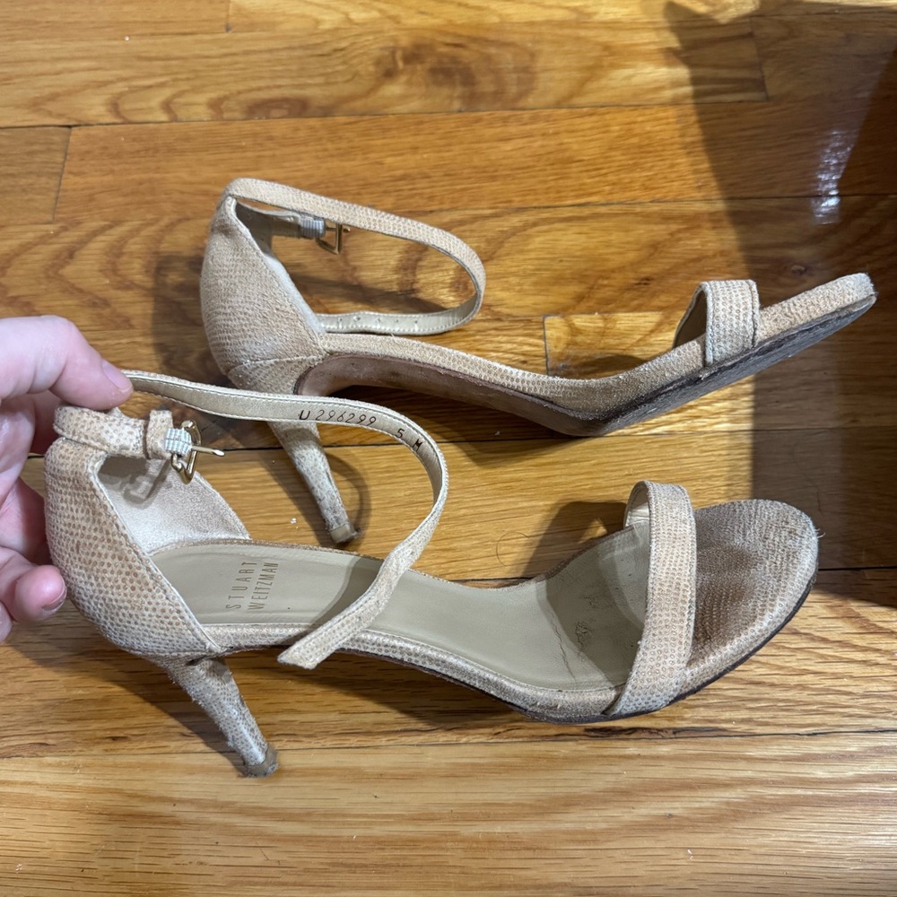 Stuart Weitzman Nunaked Heel Nappa Leather Ankle Strap Sandal Nude